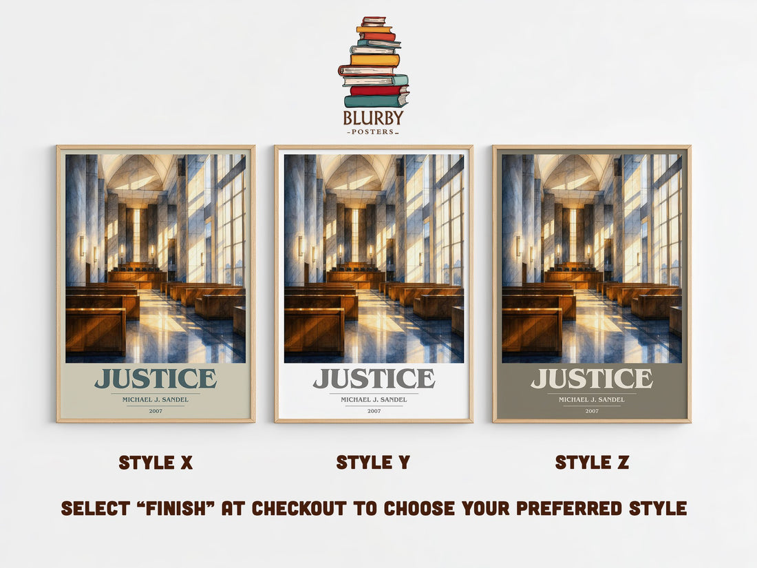 Justice book cover print in frame leaning in hallway – philosophy wall art (mockup)