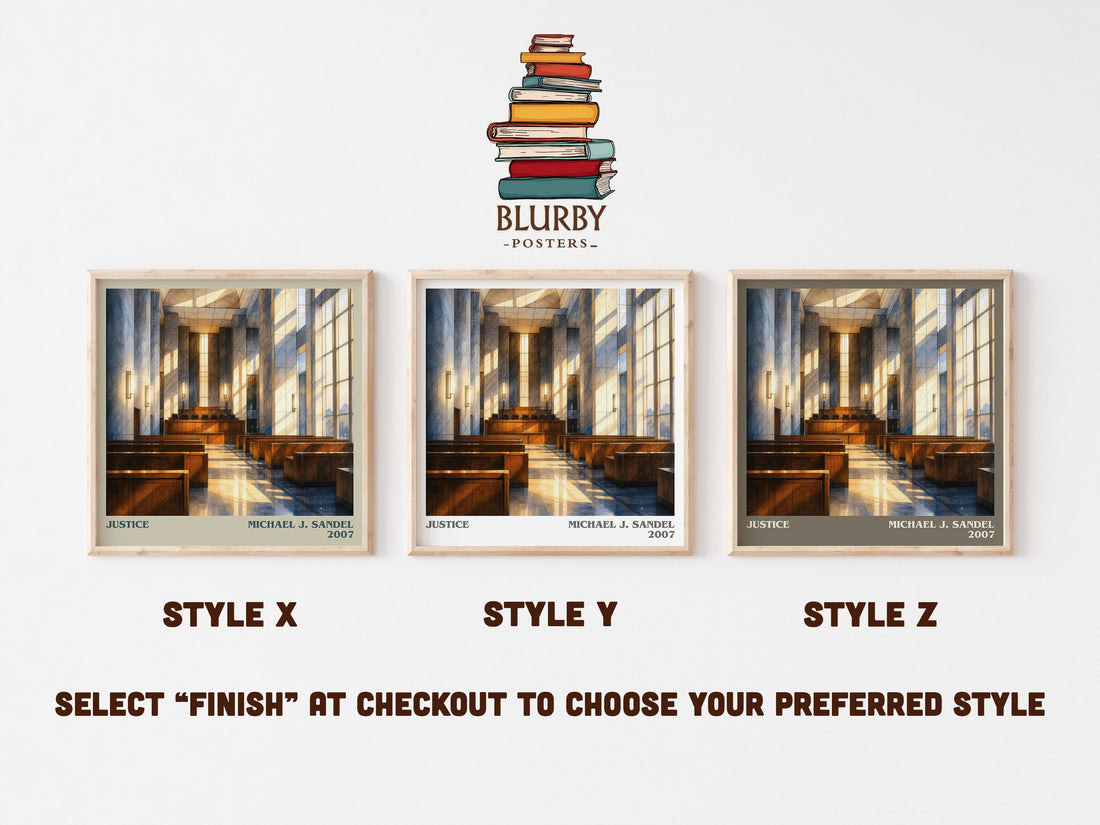 Justice literary print in frame leaning in hallway – philosophy wall art (mockup)