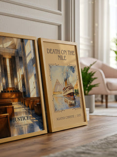 Justice watercolour print framed by window – literary home decor