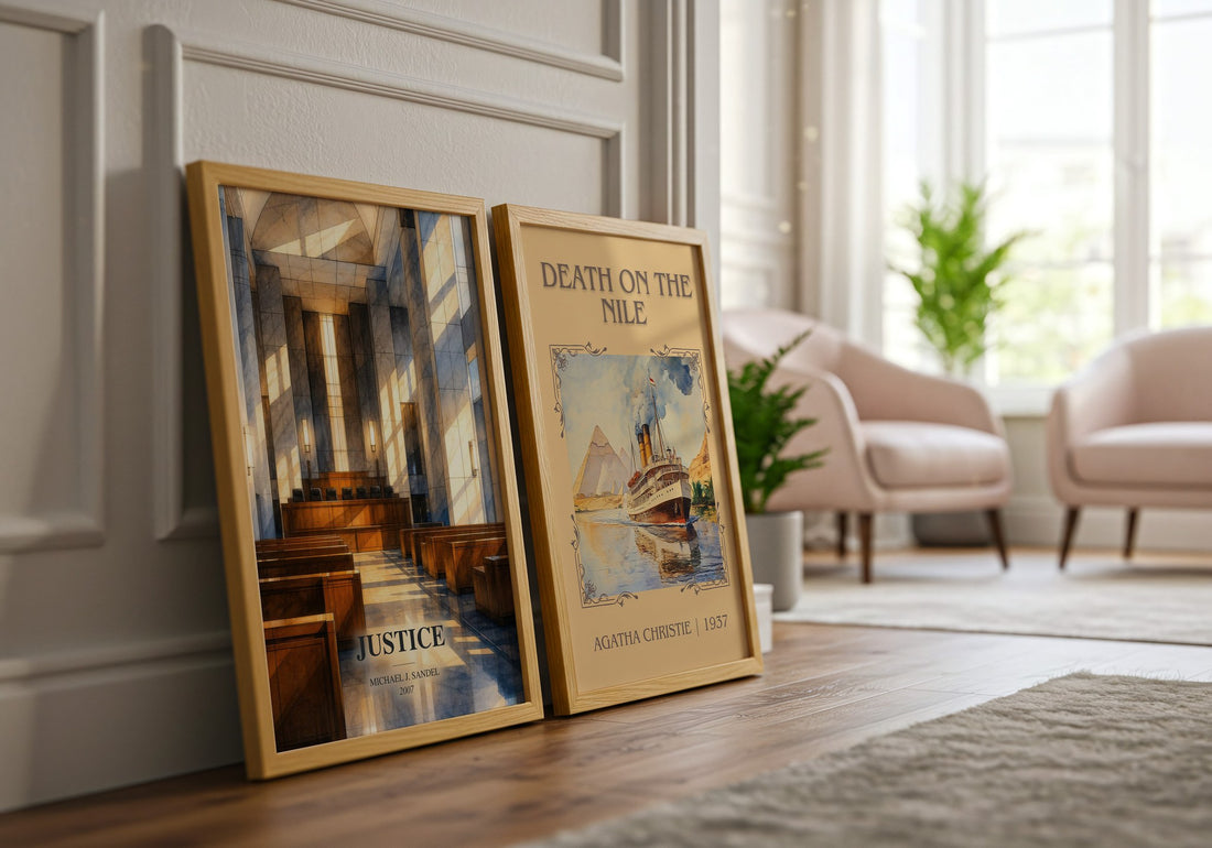 Justice watercolour print framed by window – literary home decor