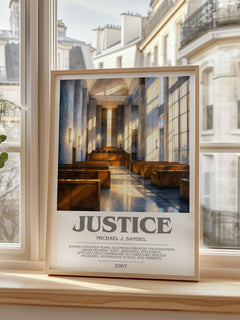 Justice Bookish Wall Art by Michael J. Sandel – framed print by a bright window