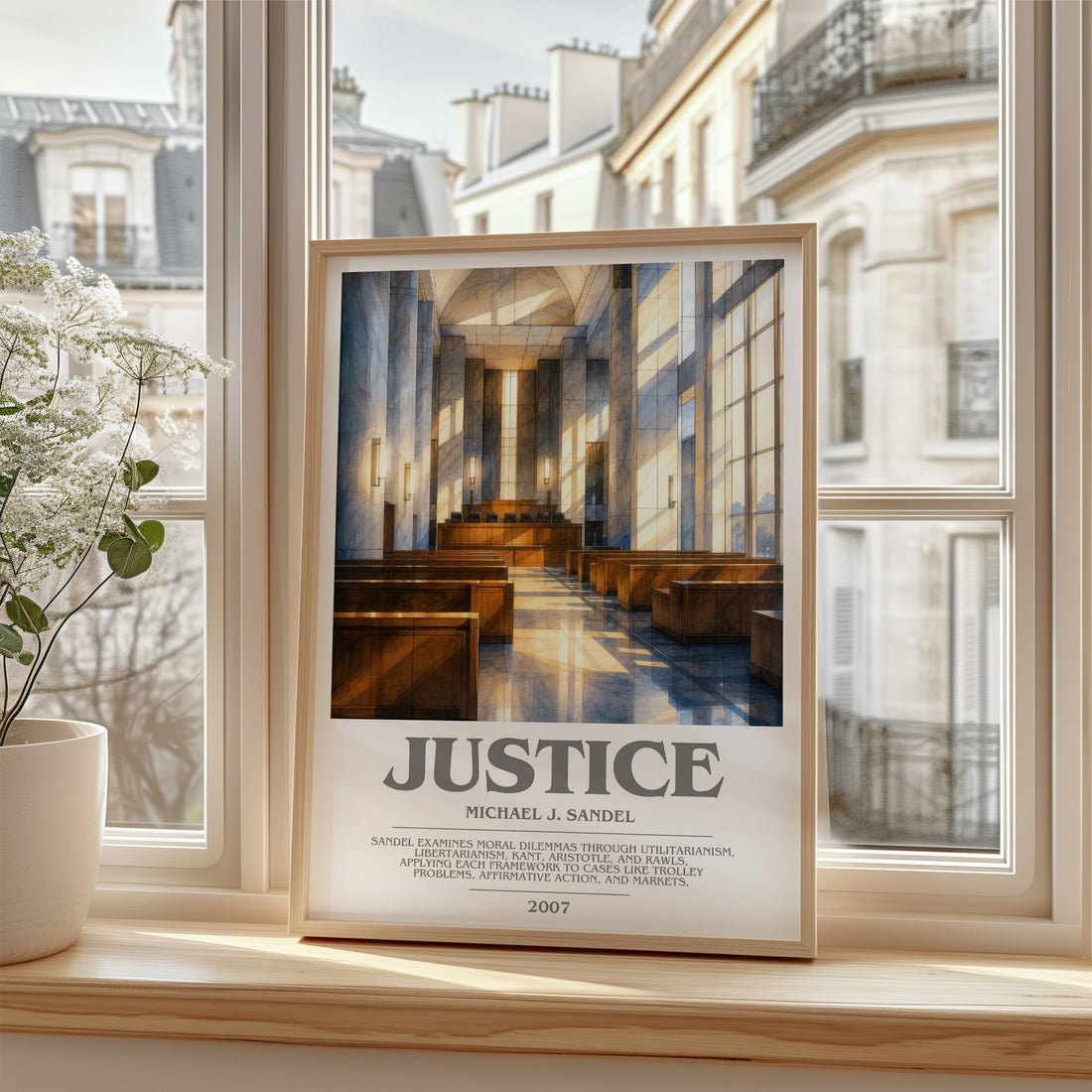 Justice Bookish Wall Art by Michael J. Sandel – framed print by a bright window