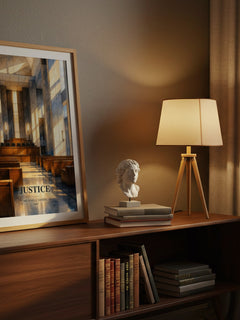 Justice watercolour print on bookshelf – Michael J. Sandel fan gift