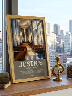 Justice Bookish Wall Art by Michael J. Sandel – framed print on a city-view windowsill