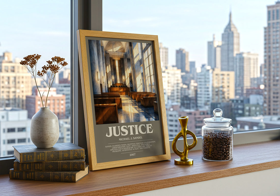 Justice Bookish Wall Art by Michael J. Sandel – framed print on a city-view windowsill