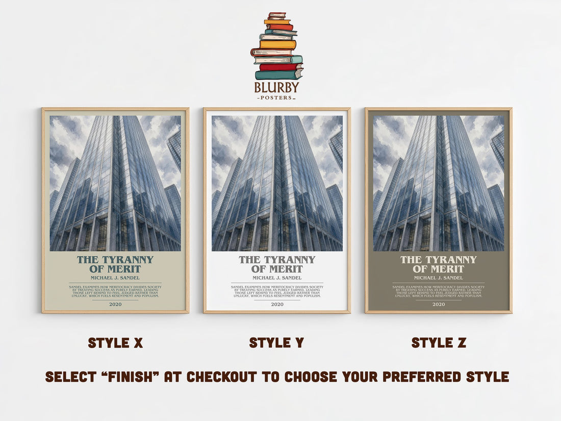 The Tyranny of Merit bookish print in frame leaning in hallway – philosophy wall art (mockup)