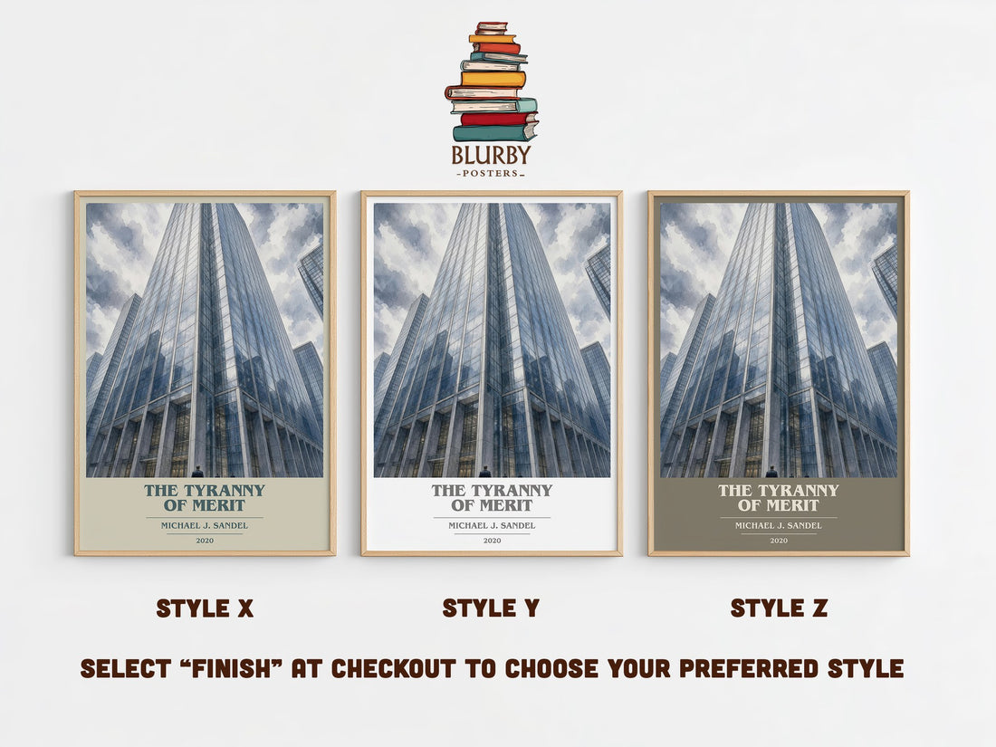 The Tyranny of Merit book cover print in frame leaning in hallway – philosophy wall art (mockup)