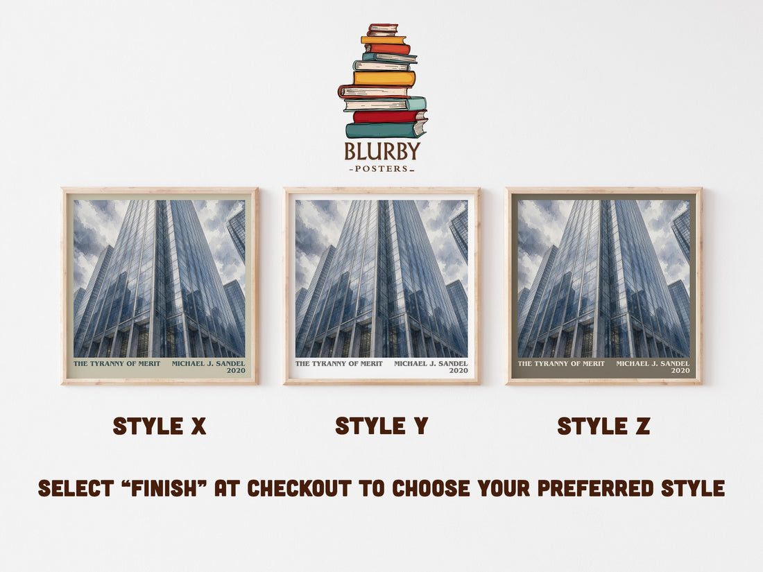 The Tyranny of Merit literary print in frame leaning in hallway – philosophy wall art (mockup)
