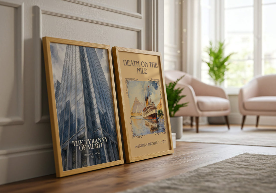 The Tyranny of Merit watercolour print framed by window – literary home decor