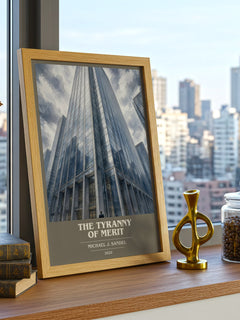 The Tyranny of Merit book cover print framed by window – literary home decor