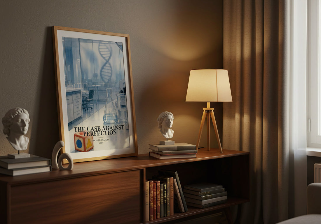 The Case against Perfection watercolour print on bookshelf – Michael J. Sandel fan gift