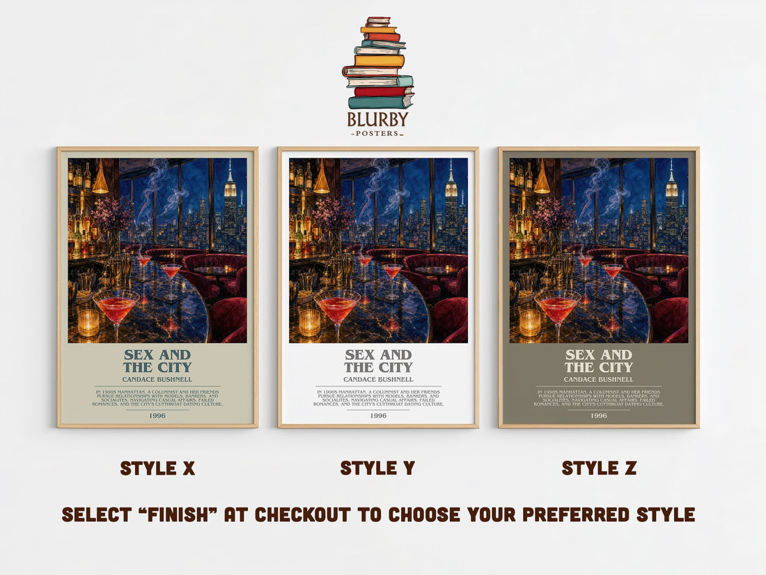 Sex and the City bookish print in frame leaning in hallway – contemporary fiction wall art (mockup)