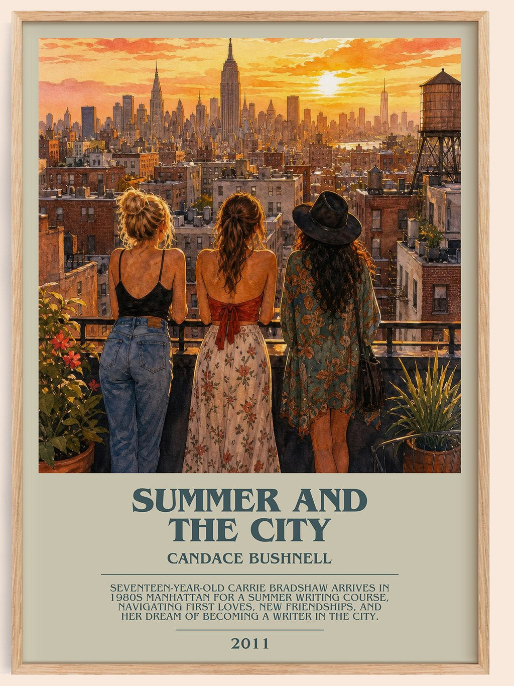 Summer and the city bookish book poster by Candace Bushnell – framed literary art print