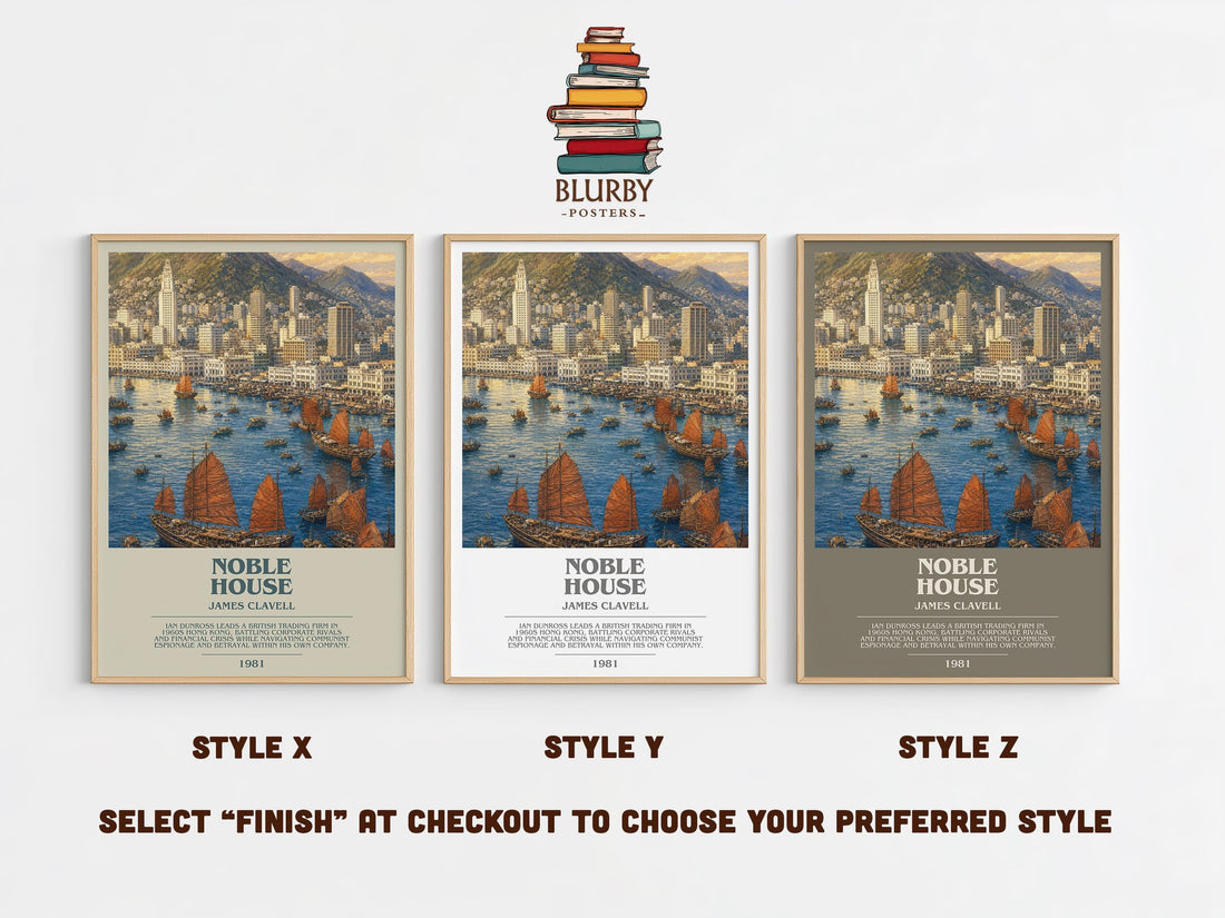 Noble House bookish print in frame leaning in hallway – historical fiction wall art (mockup)