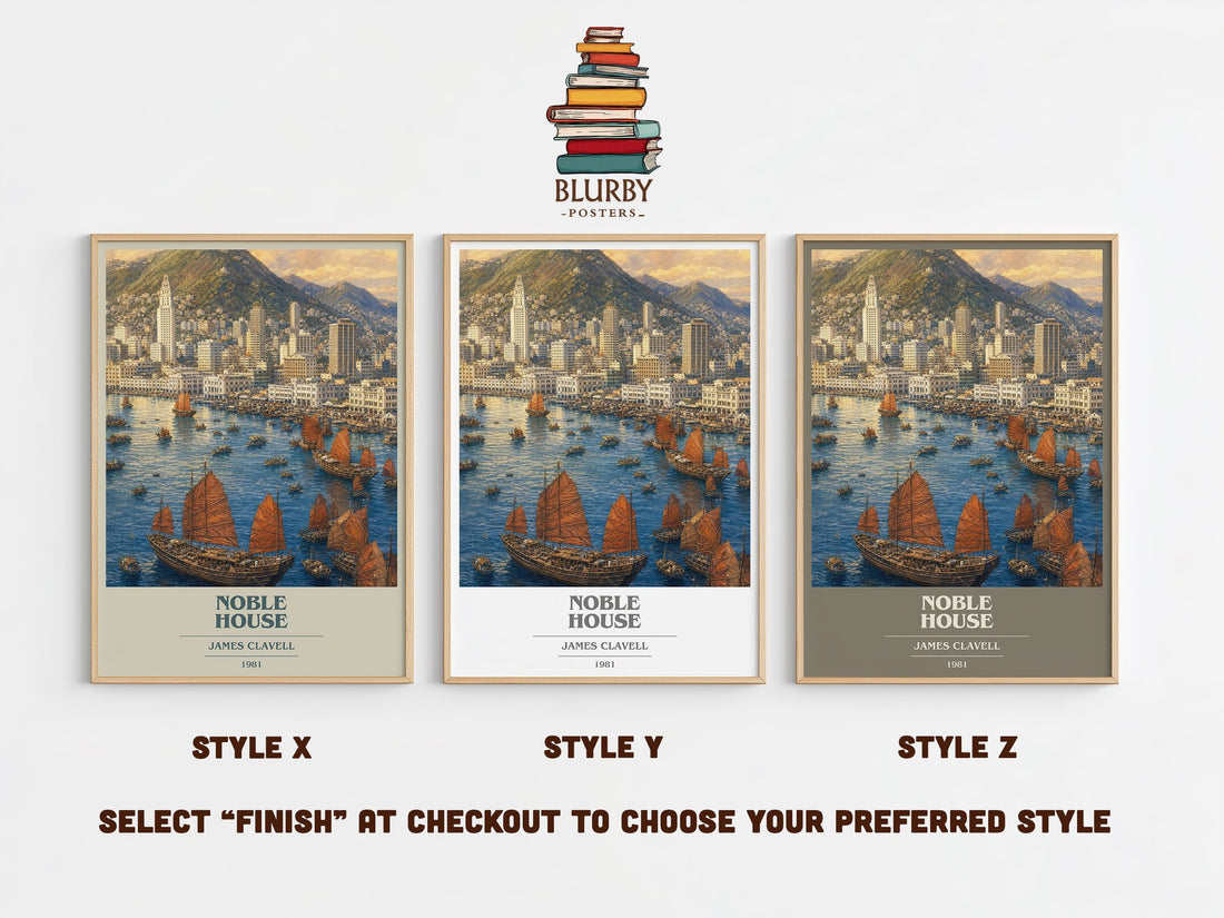Noble House book cover print in frame leaning in hallway – historical fiction wall art (mockup)