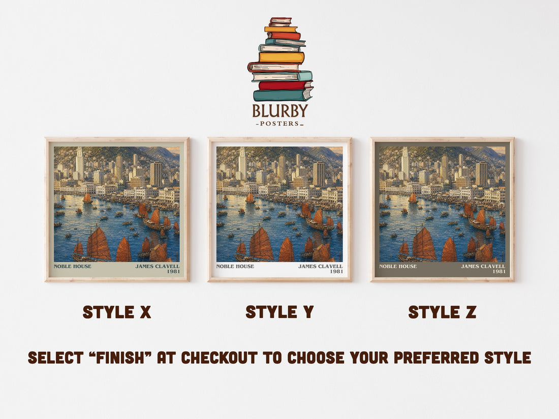 Noble House literary print in frame leaning in hallway – historical fiction wall art (mockup)