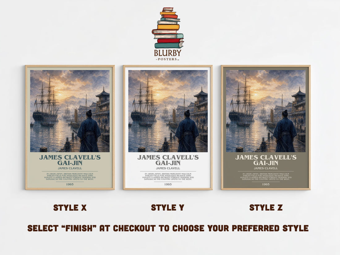 James Clavell's Gai-Jin bookish print in frame leaning in hallway – historical fiction wall art (mockup)