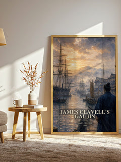 James Clavell's Gai-Jin watercolour print in frame leaning in hallway – historical fiction wall art