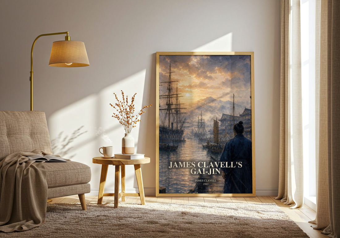 James Clavell's Gai-Jin watercolour print in frame leaning in hallway – historical fiction wall art
