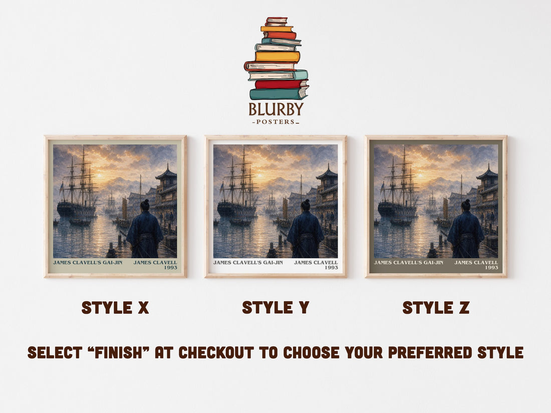 James Clavell's Gai-Jin literary print in frame leaning in hallway – historical fiction wall art (mockup)