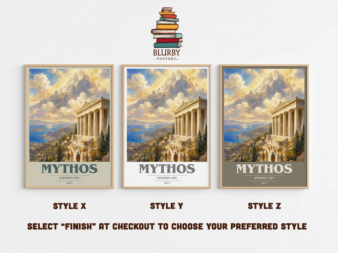 Mythos book cover print in frame leaning in hallway – non fiction wall art (mockup)