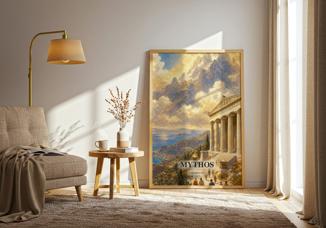 Mythos watercolour print in frame leaning in hallway – non fiction wall art