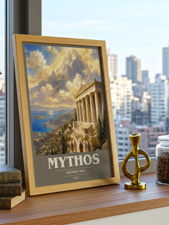 Mythos book cover print framed by window – literary home decor