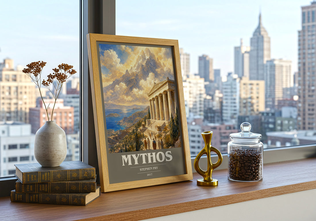 Mythos book cover print framed by window – literary home decor