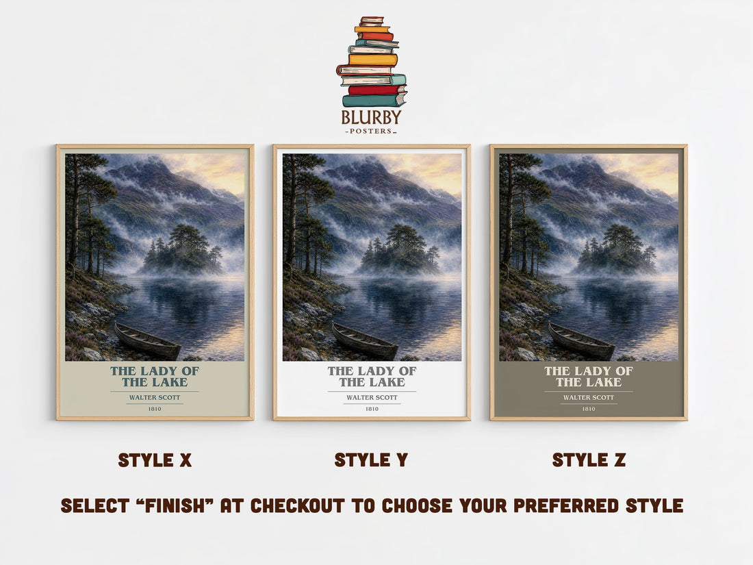 The lady of the lake book cover print in frame leaning in hallway – poetry wall art (mockup)