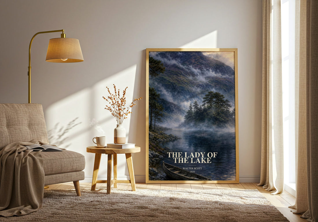 The lady of the lake watercolour print in frame leaning in hallway – poetry wall art