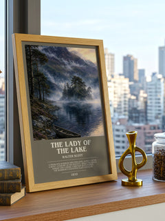 The lady of the lake bookish print framed by window – literary home decor
