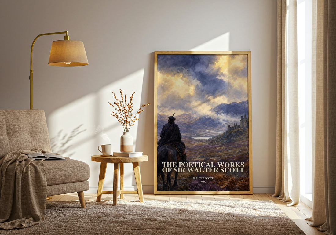 The poetical works of Sir Walter Scott watercolour print in frame leaning in hallway – poetry wall art