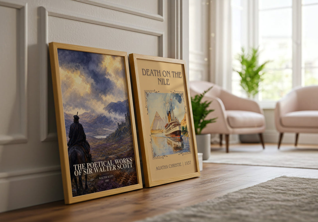 The poetical works of Sir Walter Scott watercolour print framed by window – literary home decor