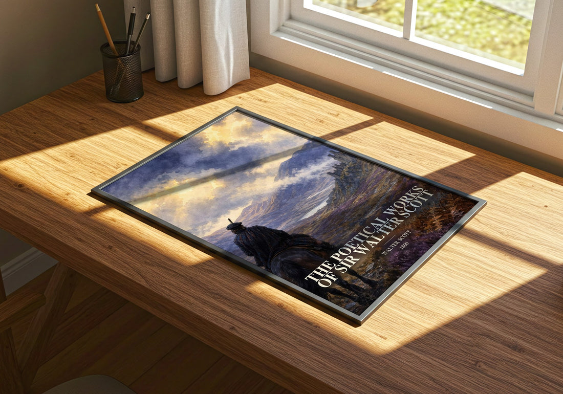 The poetical works of Sir Walter Scott watercolour book poster framed on wall – poetry wall art