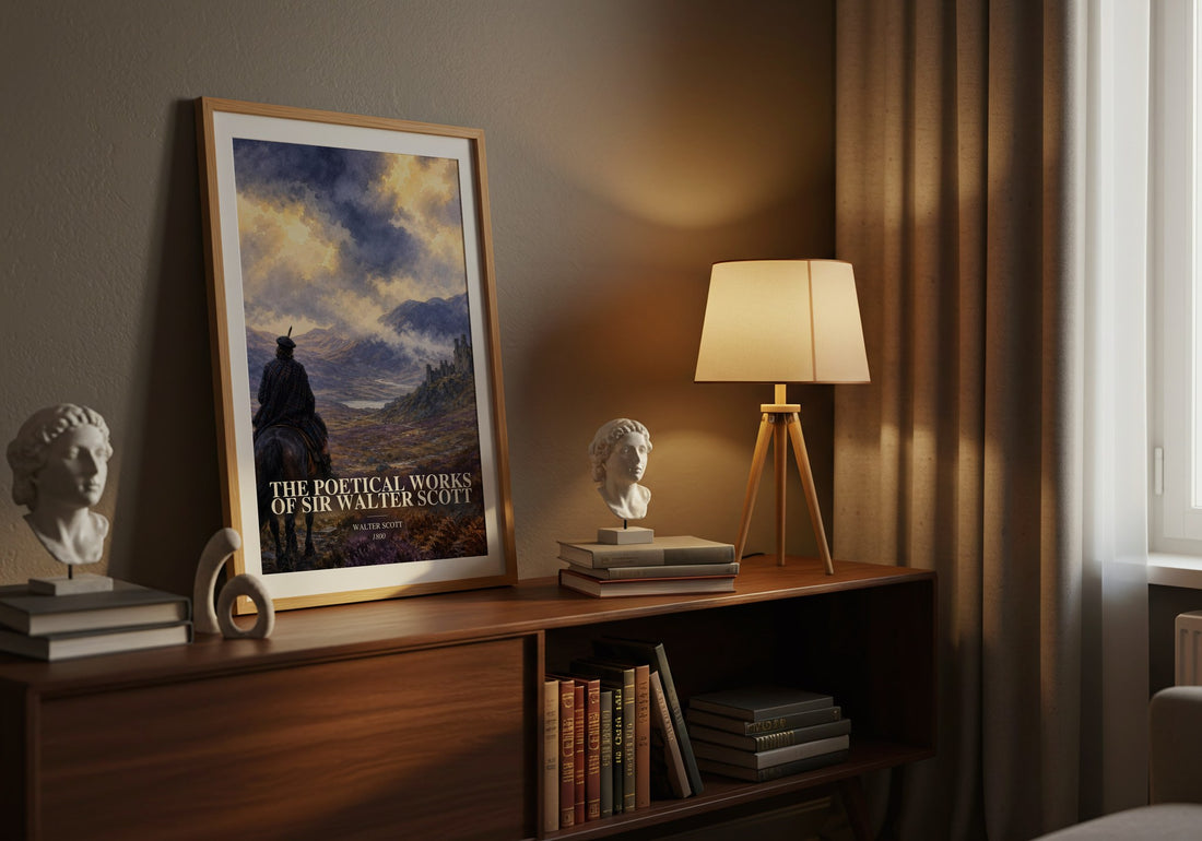 The poetical works of Sir Walter Scott watercolour print on bookshelf – Walter Scott fan gift