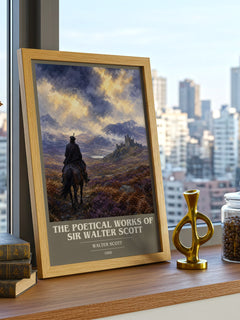 The poetical works of Sir Walter Scott book cover print framed by window – literary home decor