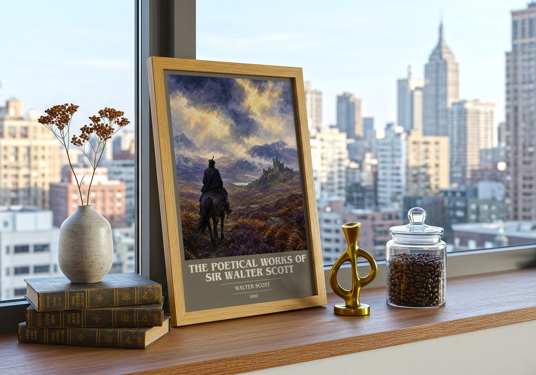 The poetical works of Sir Walter Scott book cover print framed by window – literary home decor