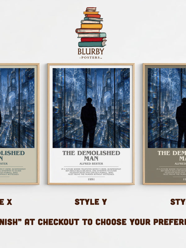 The Demolished Man bookish print in frame leaning in hallway – sci fi wall art