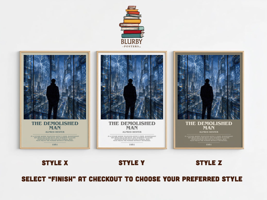 The Demolished Man bookish print in frame leaning in hallway – sci fi wall art (mockup)