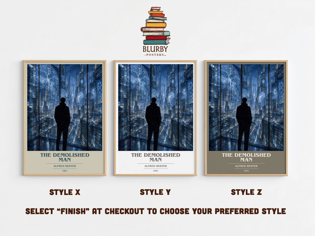 The Demolished Man book cover print in frame leaning in hallway – sci fi wall art (mockup)