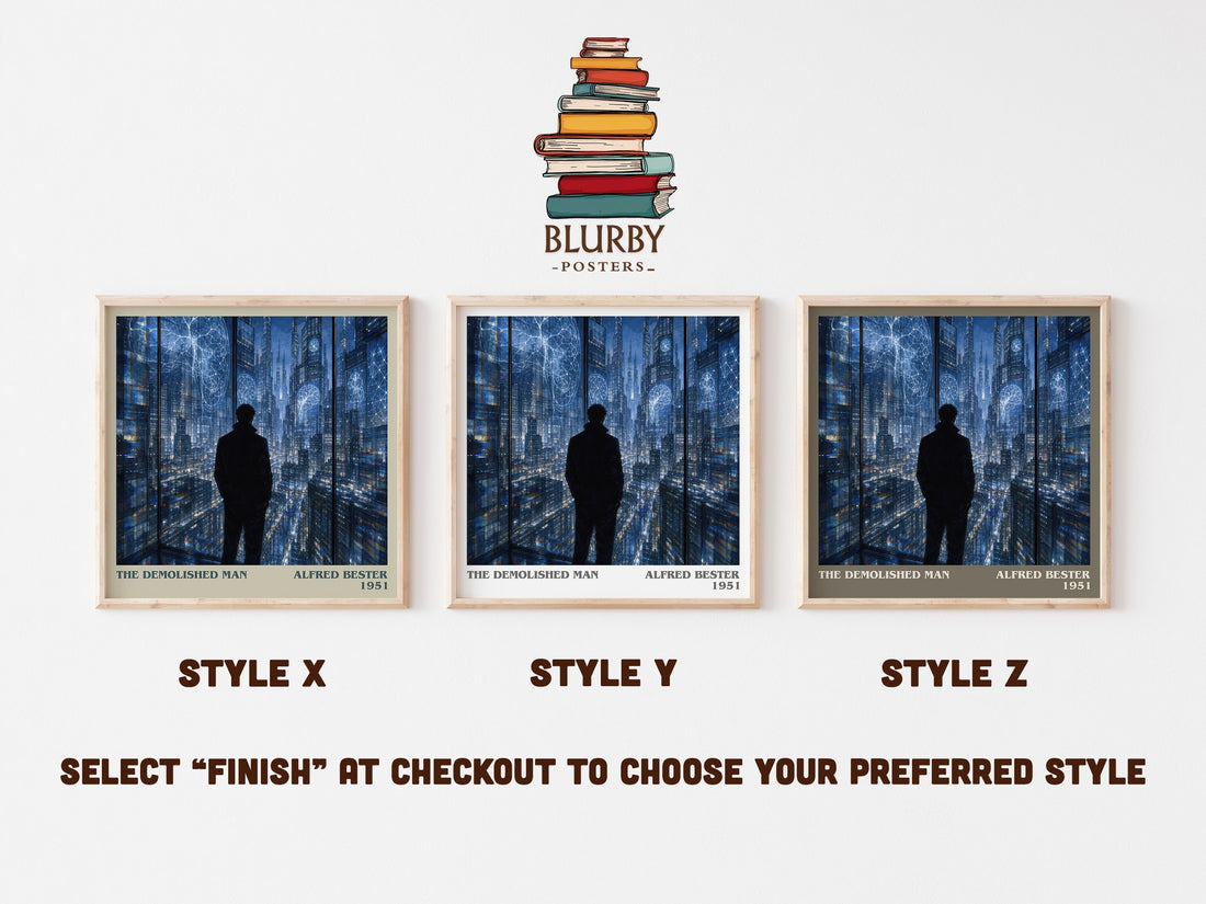 The Demolished Man literary print in frame leaning in hallway – sci fi wall art (mockup)