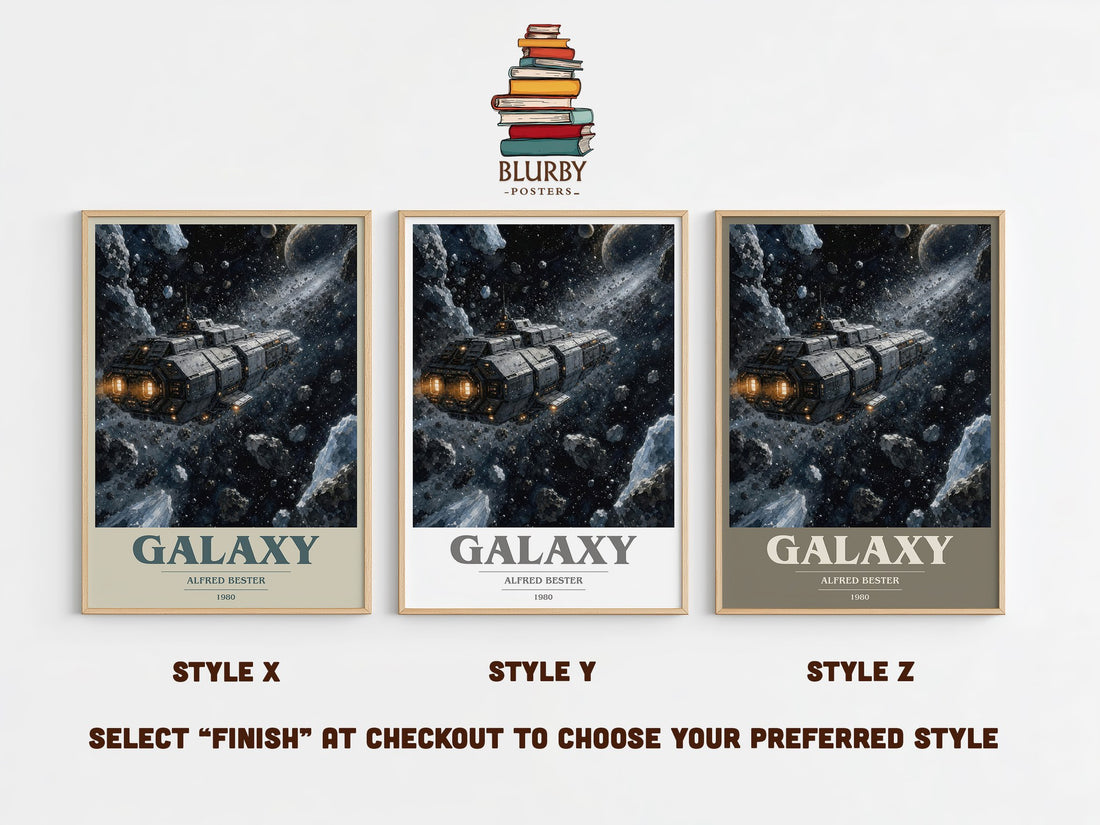 Galaxy book cover print in frame leaning in hallway – sci fi wall art (mockup)