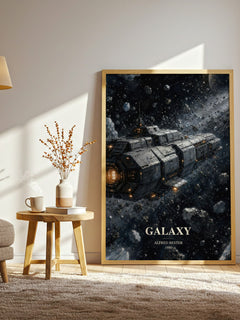 Galaxy watercolour print in frame leaning in hallway – sci fi wall art