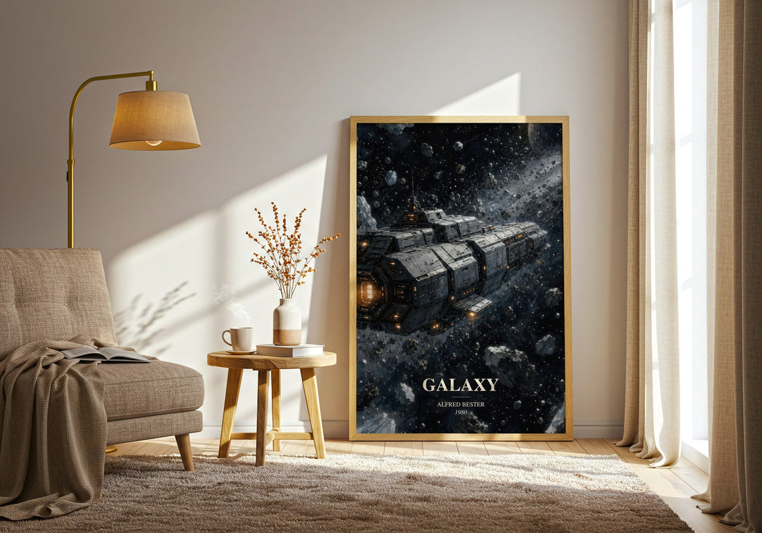 Galaxy watercolour print in frame leaning in hallway – sci fi wall art