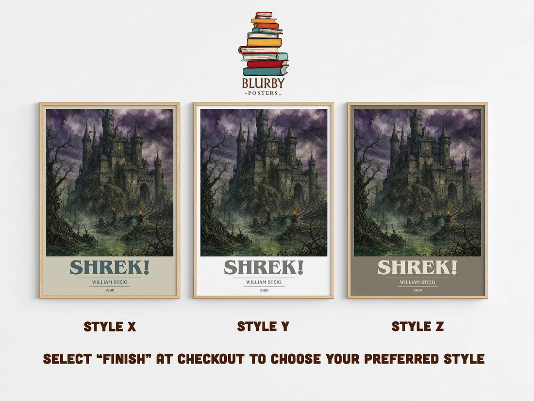 Shrek! book cover print in frame leaning in hallway – childrens wall art (mockup)