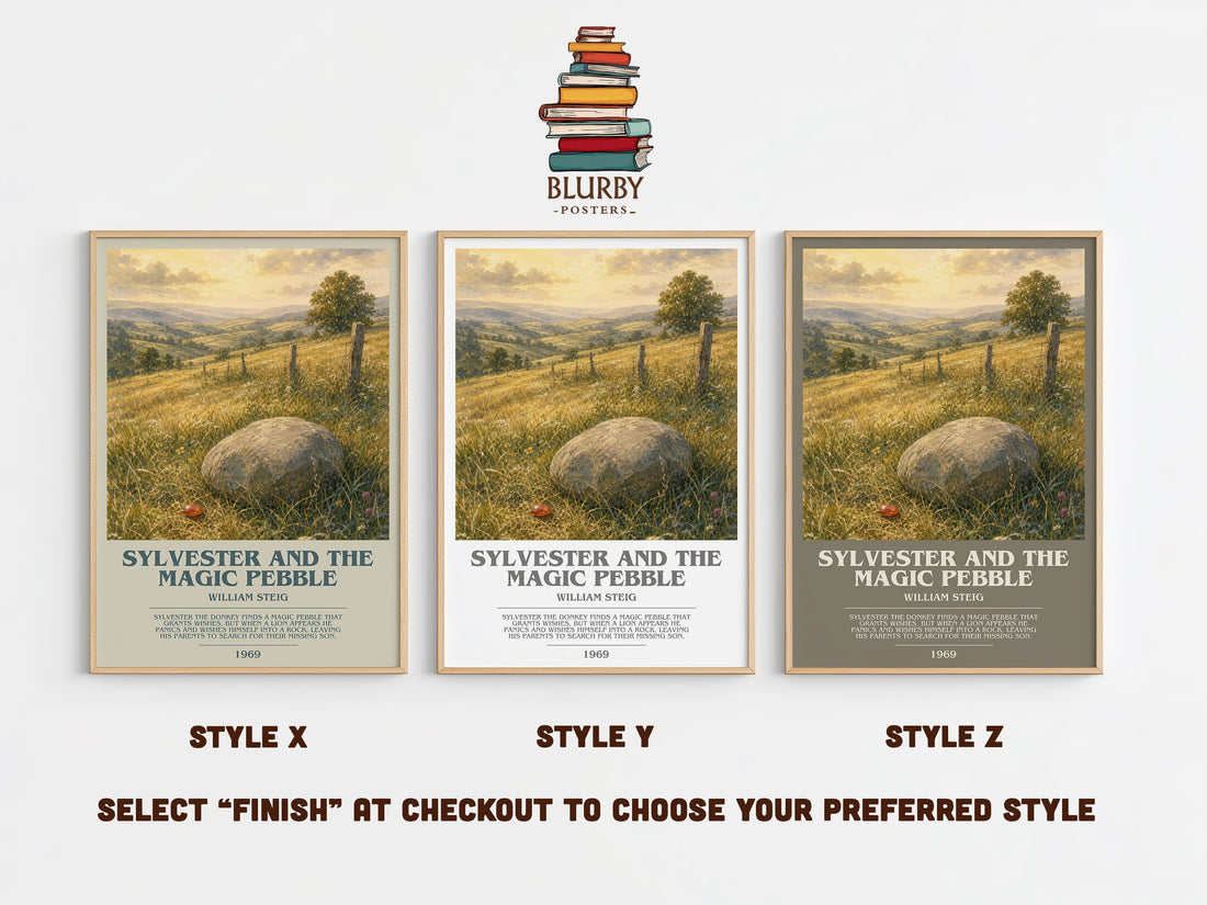 Sylvester and the magic pebble bookish print in frame leaning in hallway – childrens wall art (mockup)