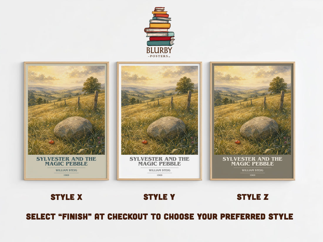 Sylvester and the magic pebble book cover print in frame leaning in hallway – childrens wall art (mockup)