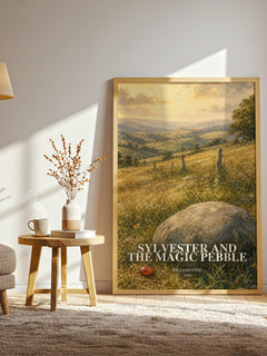 Sylvester and the magic pebble watercolour print in frame leaning in hallway – childrens wall art