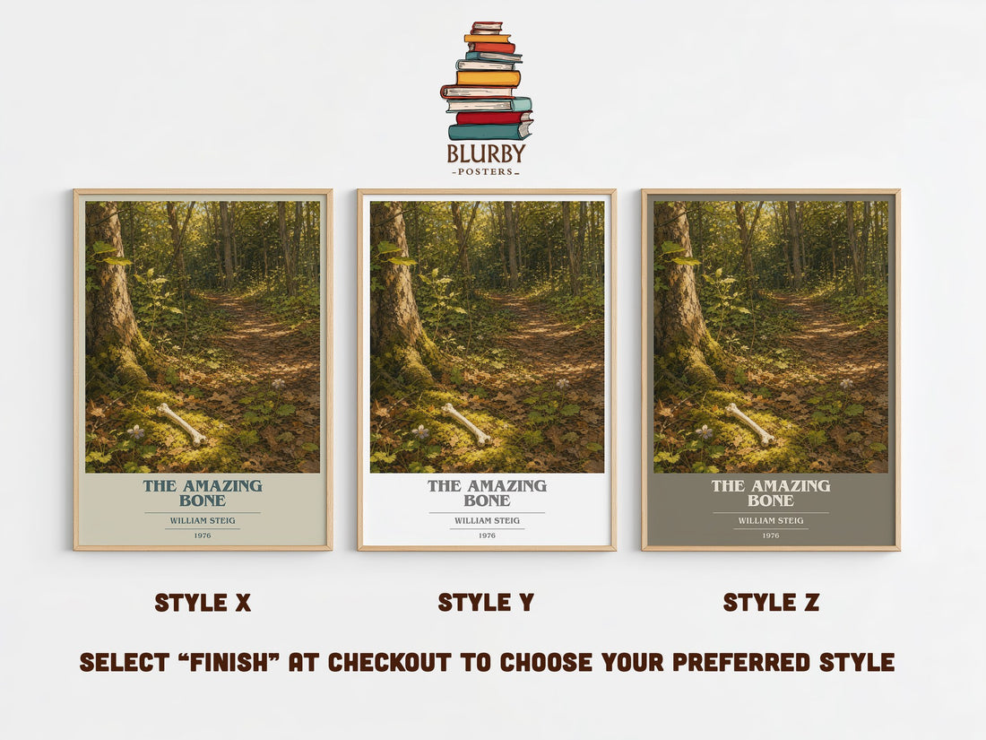 The amazing bone book cover print in frame leaning in hallway – childrens wall art (mockup)