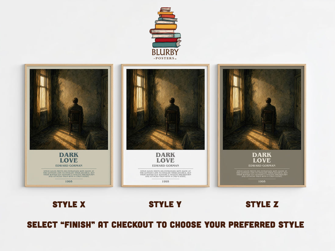 Dark Love bookish print in frame leaning in hallway – horror wall art (mockup)